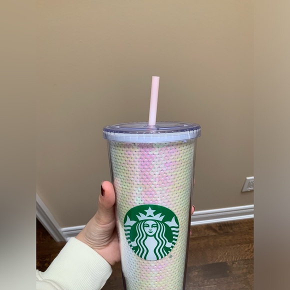 STARBUCKS Pink & White Sequin Glitter Cold Cup Tumbler Holiday 2020 - 24oz - Picture 8 of 11
